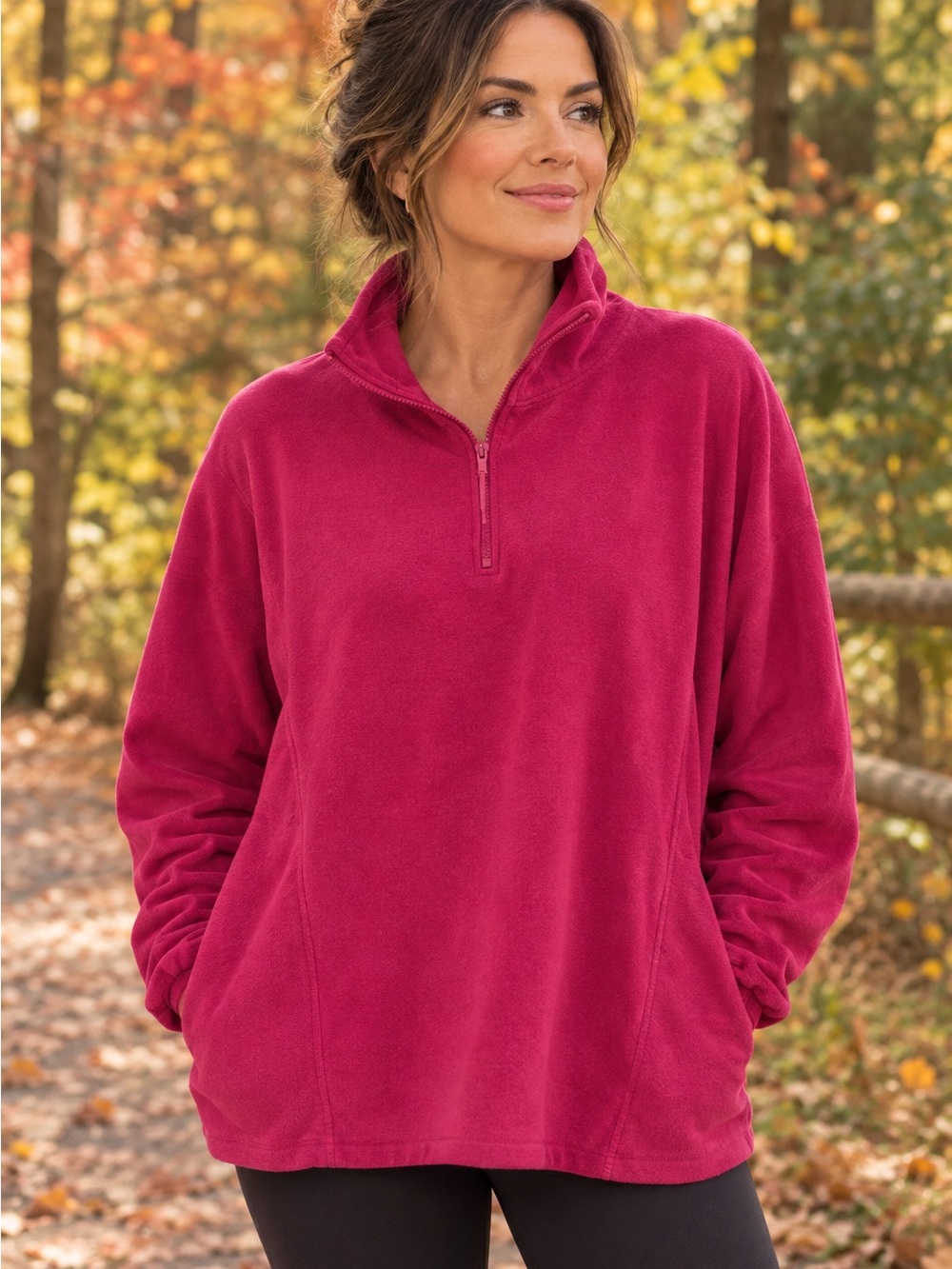 Woman Within 2X Plus Size Magenta Pink Fleece Quarter Zip Pullover Athleisure